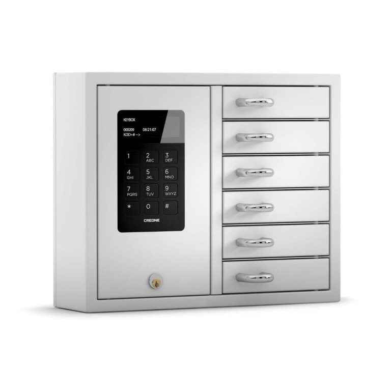 Moderner Schlüsselschrank mit digitalem Zahlenschloss und mehreren Fächern für die Aufbewahrung.