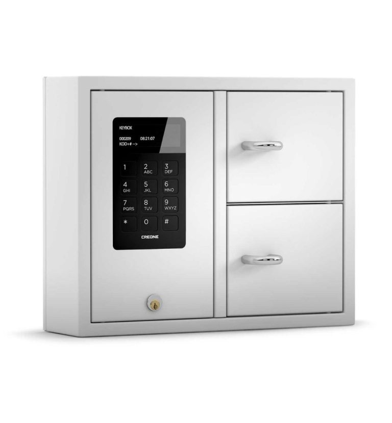 Moderner Schlüsselschrank mit digitalem Zahlenschloss und zwei Fächern.