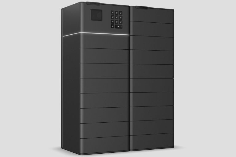 Schwarzer Wertfachschrank mit 18 Fächern und minimalistischem Design.
