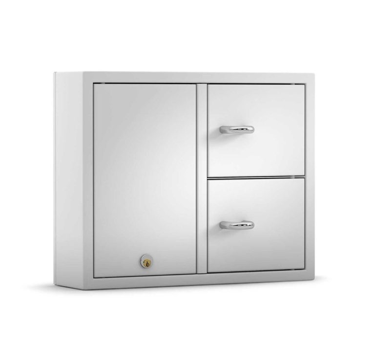 Zweifach-Schlüsselschrank mit einer oberen Tür und einer unteren Tür in Weiß.