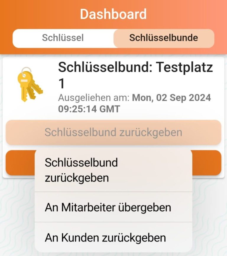 Dashboard mit Optionen zur Rückgabe eines Schlüsselbunds und zugehörigen Informationen.