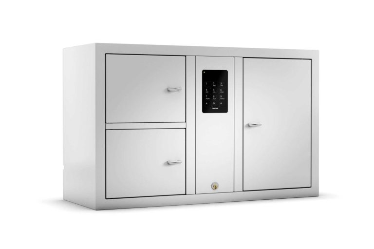 Moderner weißer Wertfachschrank mit zwei oberen und einer seitlichen Tür.