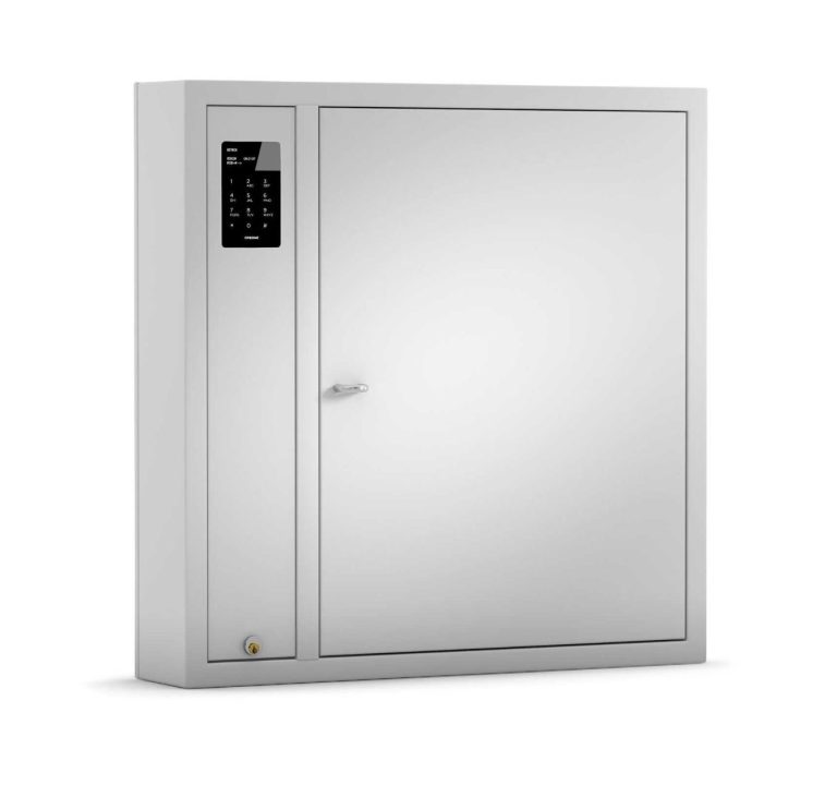 Weißer, rechteckiger Schlüsselschrank mit digitalem Zahlenschloss und glatter Oberfläche.