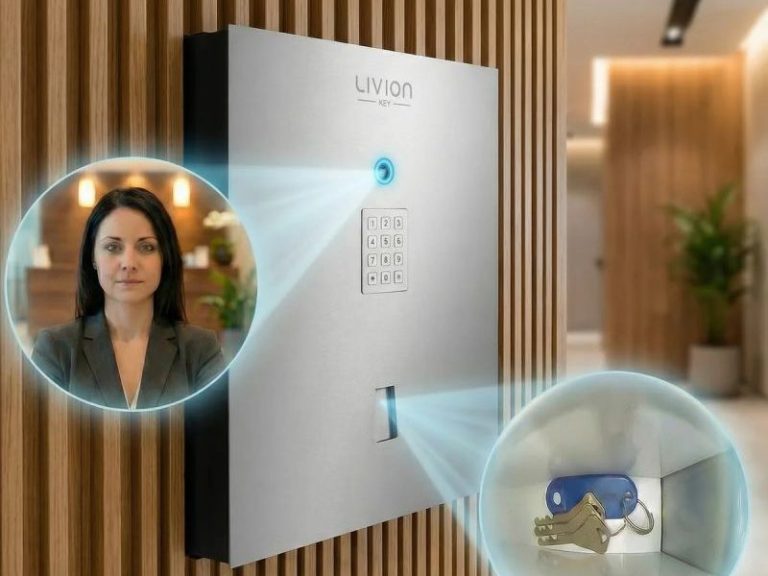 Edelstahl-Schlüsselbox mit Zahlenschloss und offenem  Schlüsselausgabefach.