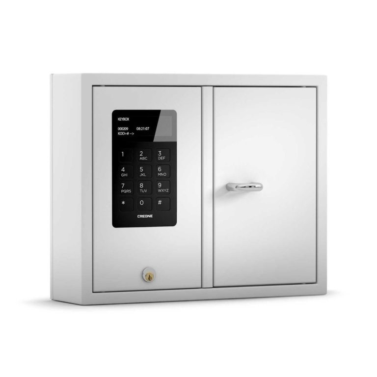 Sicherer weißer CREONE Schlüsselschrank mit digitalem Zahlenschloss und klappbarem Türdesign.