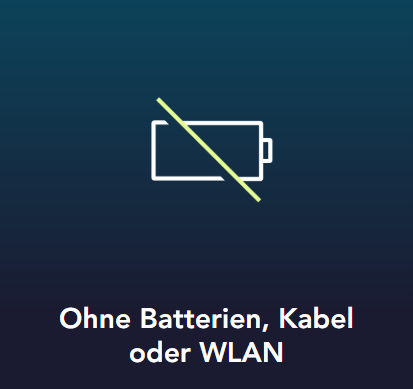 Symbol einer durchgestrichenen Batterie mit dem Text "Ohne Batterien, Kabel oder WLAN".