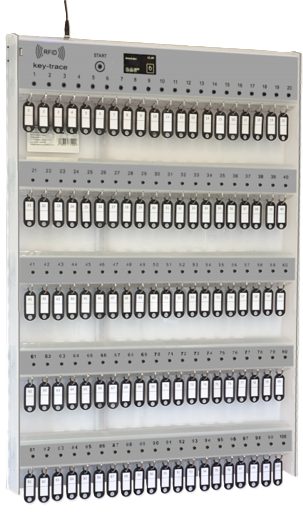Ein wandmontiertes, elektronisches Schlüsselbrett mit 5 Reihen à 20 Schlüsselpositionen.