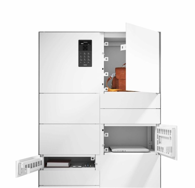 Moderner weißer Wertfachschrank mit offenen Türen und sichtbarem Innenraum.