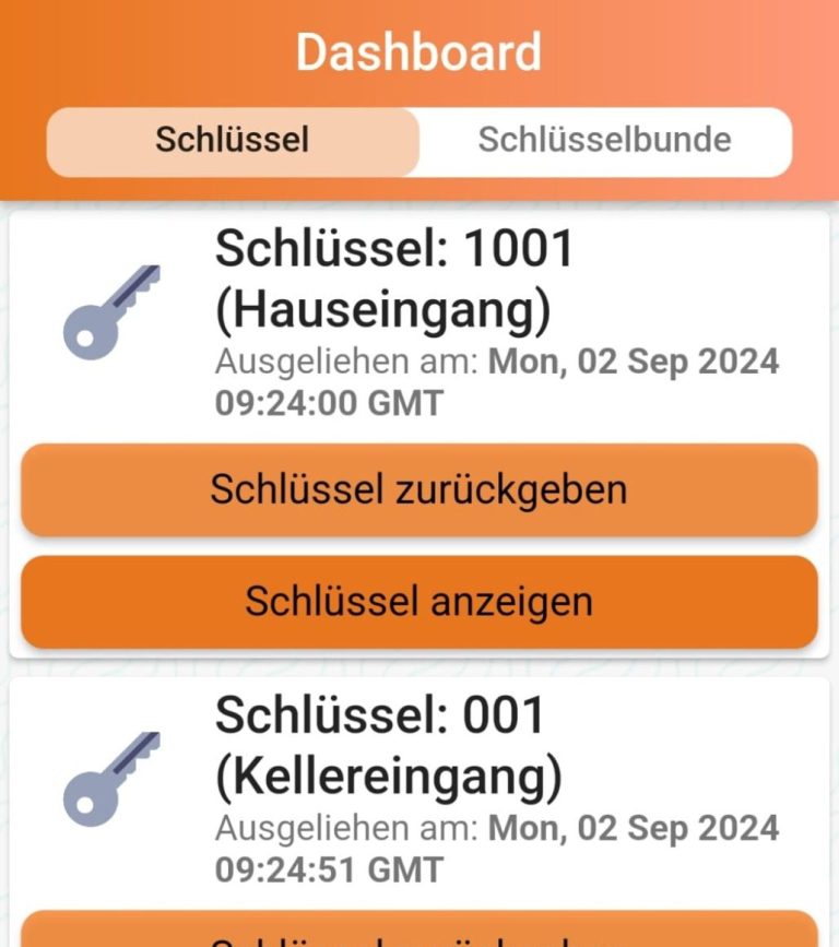 Dashboard mit Schlüsselübersicht und Optionen zum Zurückgeben und Anzeigen.