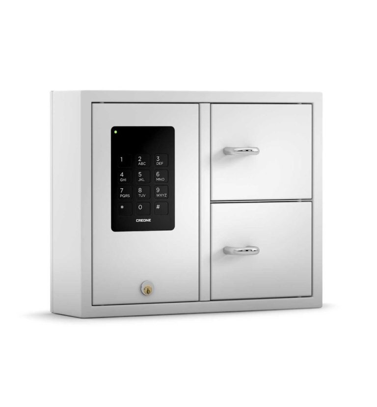 CREONE Schlüsselschrank mit digitalem Zahlenschloss und zwei Fächern in Weiß.