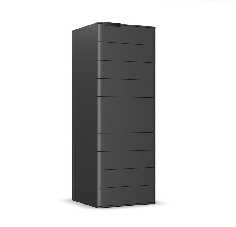 Schwarzer Wertfachschrank mit 10 Fächern.