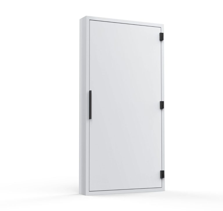 Weißer Schlüsselschrank mit zwei schwarzen Schaltern und einem glatten, geschlossenen Türdesign.