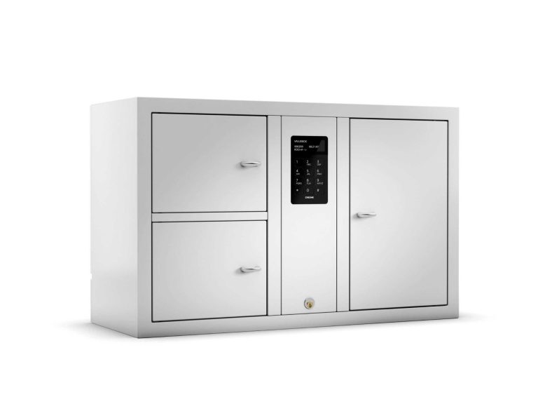 Moderner, weißer Wertfachschrank mit zwei Fächern und digitalem Bedienfeld.