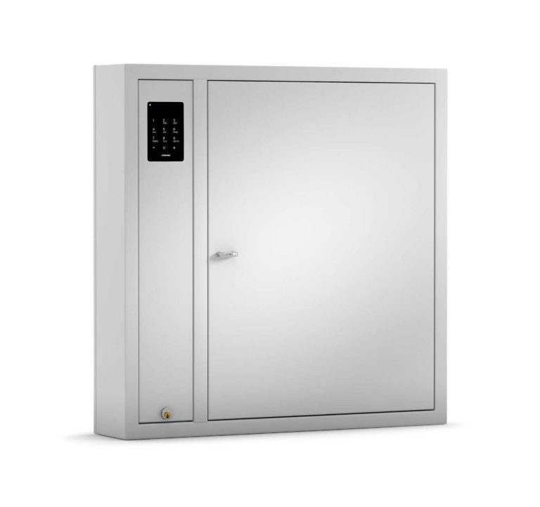 Moderner, weißer Schlüsselschrank mit digitaler Steuerung und einer Tür.