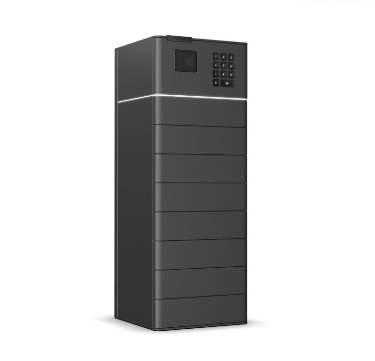 Schwarzer Wertfachschrank mit acht Fächern.